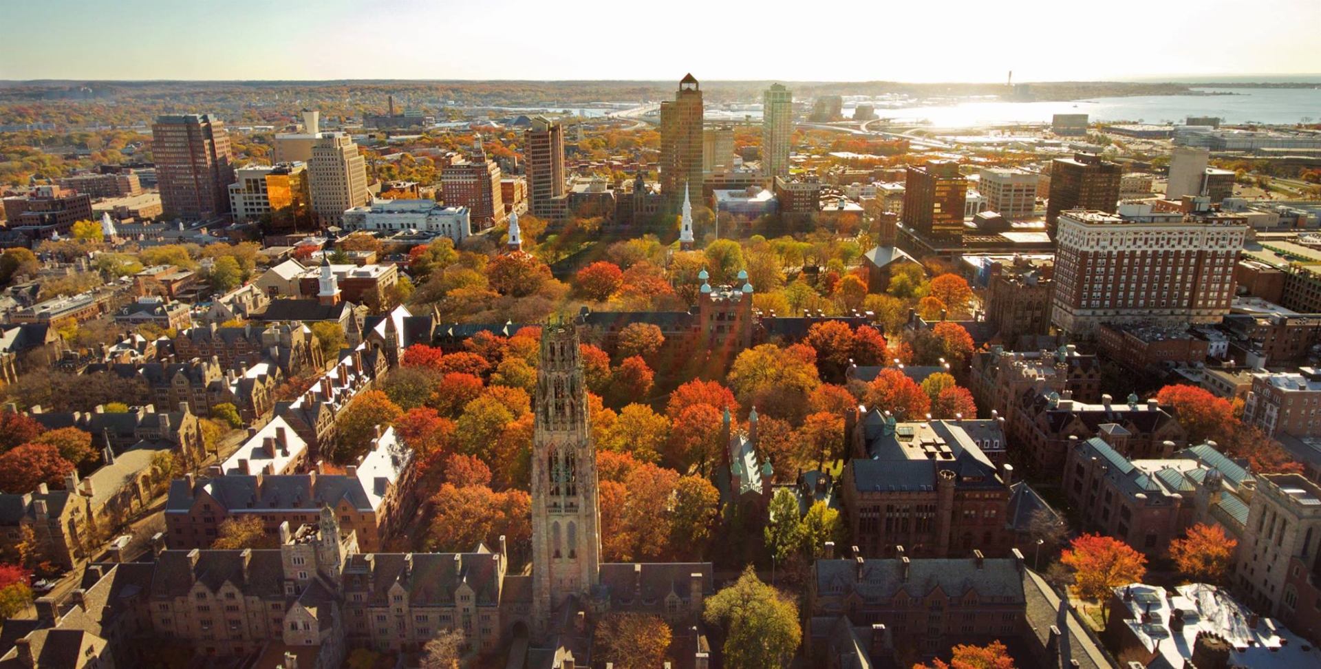 Aerial view of Yale University campus and Harkness Tower, New Haven
